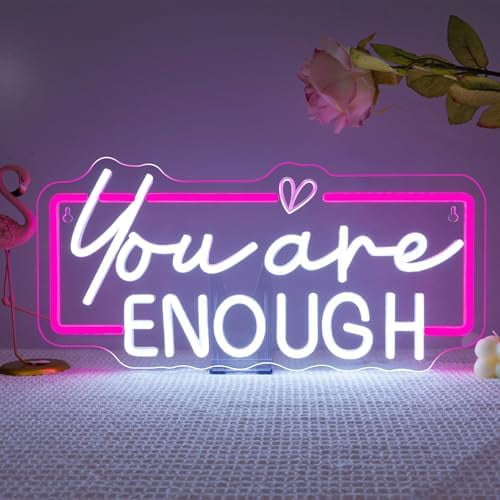 You Are Enough Neon Sign for Wall Decor Neon Pink Light Up Classroom Motivational Wall Decor LED Letter Book Lights Sign for College Room Reading Library Inspirational Gifts for Women Student