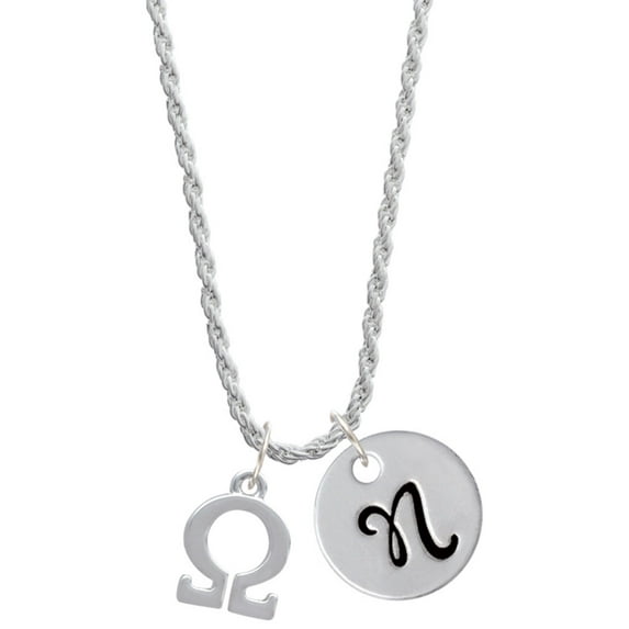 Delight Jewelry Silvertone Large Greek Letter - Omega - Silvertone Script Initial Disc - N - Charm Necklace, 20"+3"