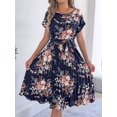 thumbnail image 5 of Women's Floral Elegant Pleated Midi Print Batwing Sleeve Tie Waist Dress for Daily Wear Navy Blue L, 5 of 10