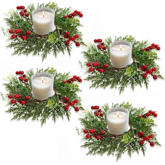 Guvpev 4PCS Christmas Candle Rings, Wreaths, Mini Xmas Wreaths, Table Centerpieces, Candle Rings for Pillars, Front Door, Window, Chair Decorations