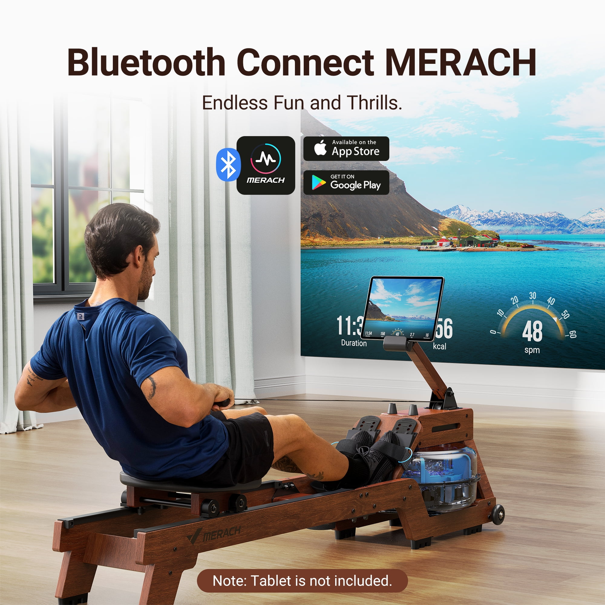 MERACH Water Rowing Machine for Home Use Solid Wood Rower with Pro Monitor,Newly Upgraded Seat Cushion,Easy Assembly, Bluetooth,APP,Max 330lb