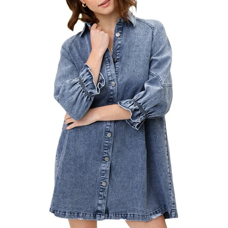 

AMILIEe Denim Dresses for Women 3/4 Sleeve Button Down Lapel Jean One-piece