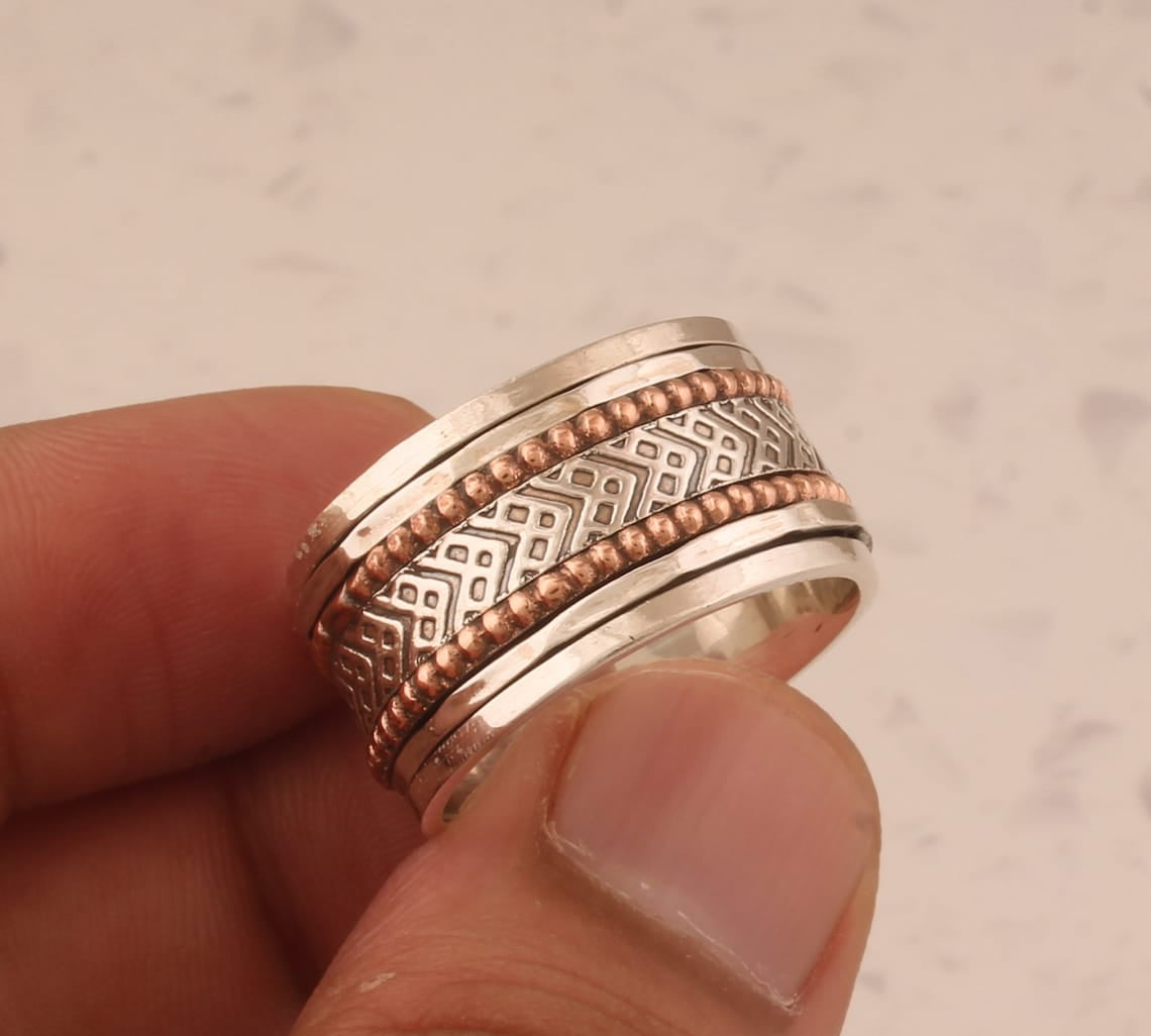 SS DESIGNS- Textured Fidget Spinner Ring – 925 Anxiety Band for Men & Women, Handmade Meditation Ring, Stress-Relief Jewelry Gift for