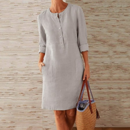 midi koszal buttons loose linen solid casual sleeve cotton dress