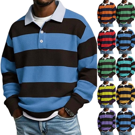 Men Waffle Knit Striped Rugby Polo Sweater Sevevn Contrast Collar Long Sleeve Knitted Pullover,For Men Daily Dressing Casual Travel And Weekend Social Occasions