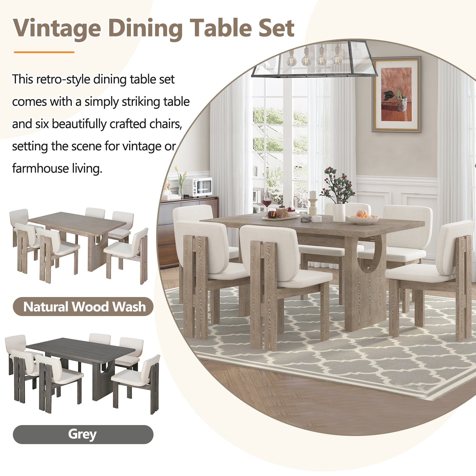 Wood Dining Table Set for 6, Atumon 7 Piece Dining Room Set, Dining Table Set with 6 Beige Cushioned Chairs, Farmhouse Dining Table Set, Dining Table Set Furniture for Kitchen Dining Room, Natural