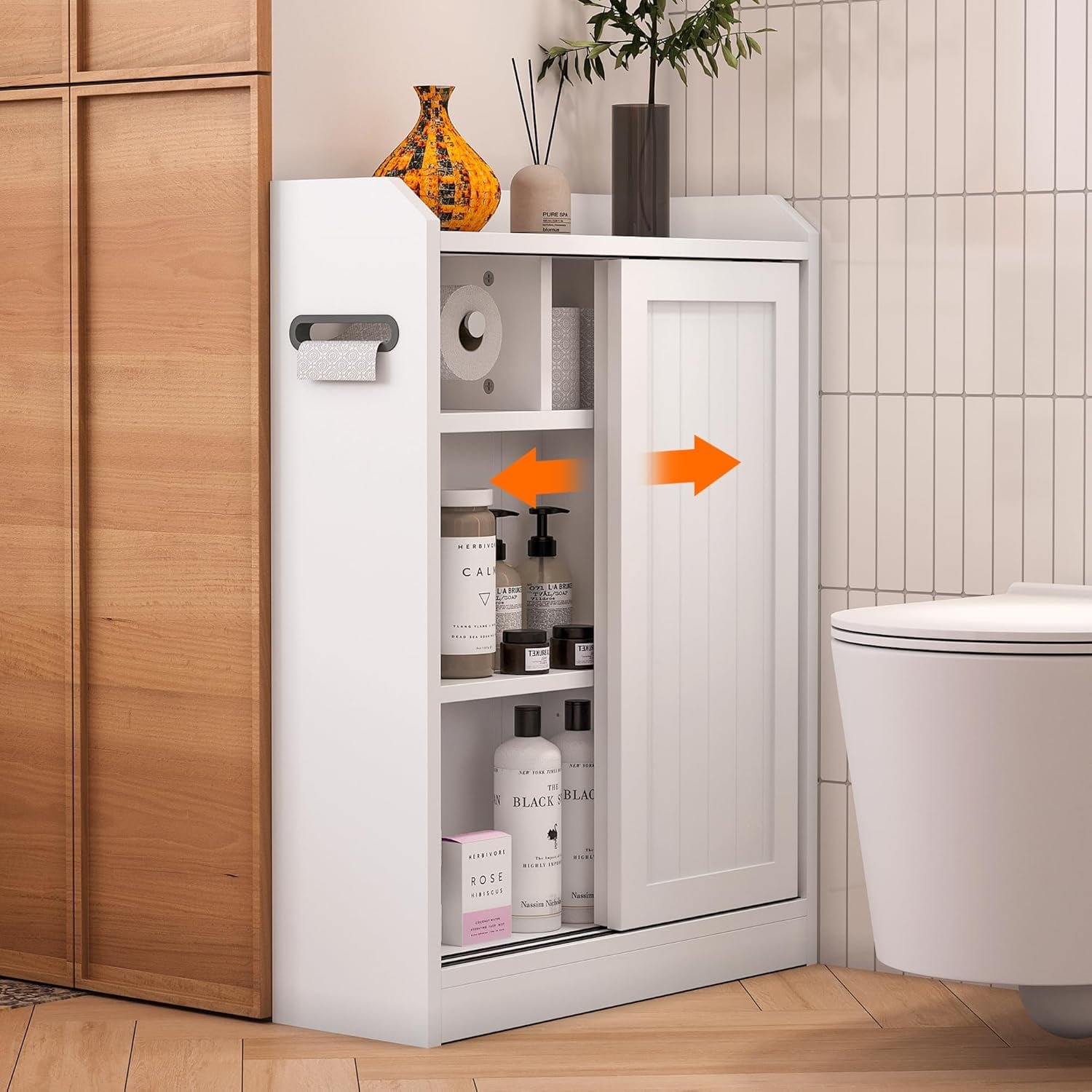 KZElegy Bathroom Cabinets Freestanding  Bathroom Storage Cabinets,Toilet Cabinets for Bathroom with Sliding Door and Toilet Paper Holder,Anti-Tilt Design,White,23in