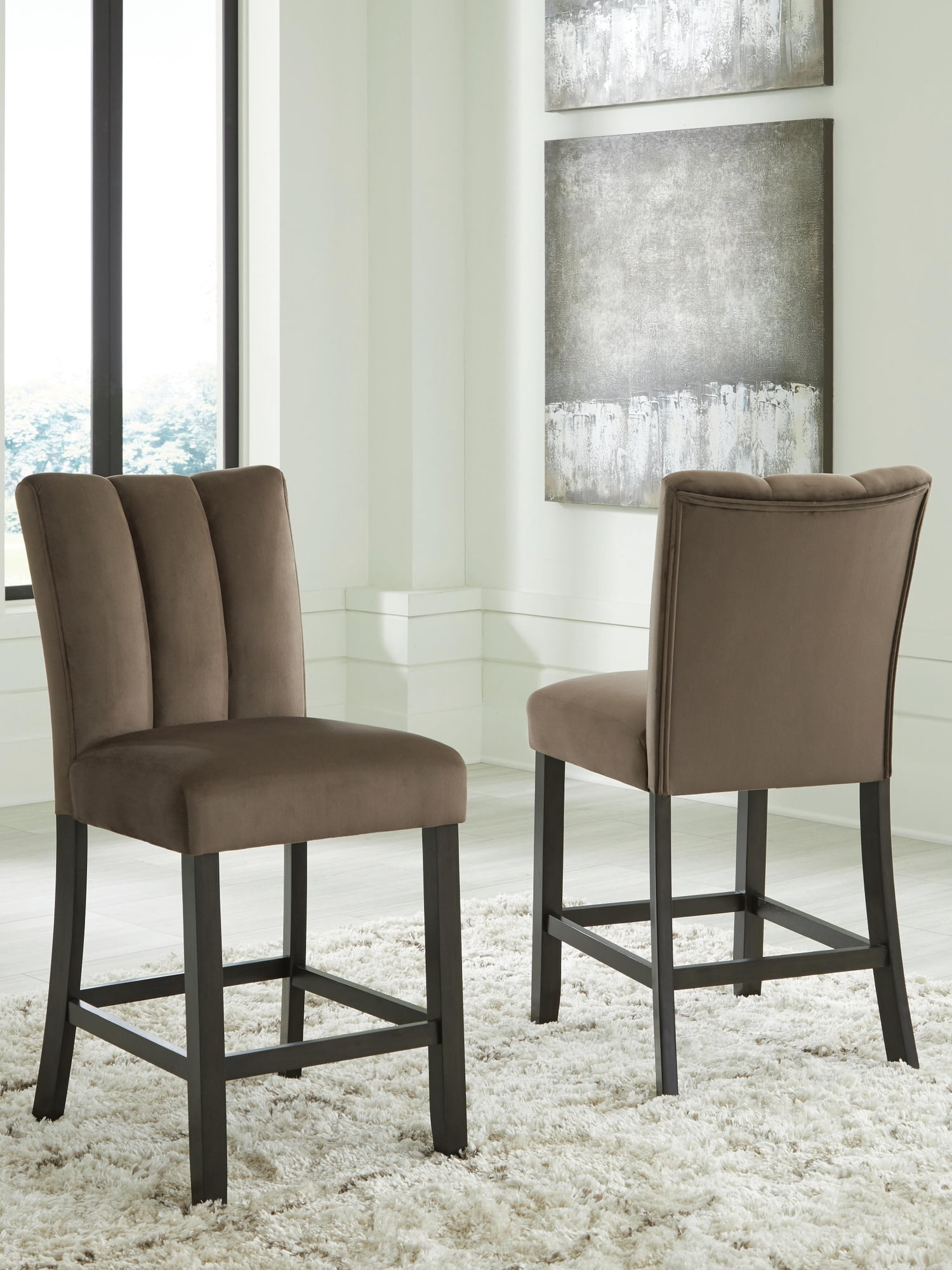 Signature Design by Ashley Zendalia Upholstered Counter Height Bar Stools - Set of 2, Mocha Brown Velvet with Channel Stitching