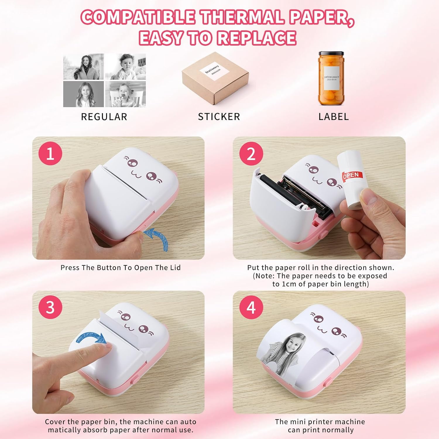 Mini Portable Printer, Pocket Thermal Printe with 7 Rolls Paper, Bluetooth Wireless Smart Printer for Android iOS Smartphone, Inkless Printers for Photo Picture Office Receipt QR Code Label List Note