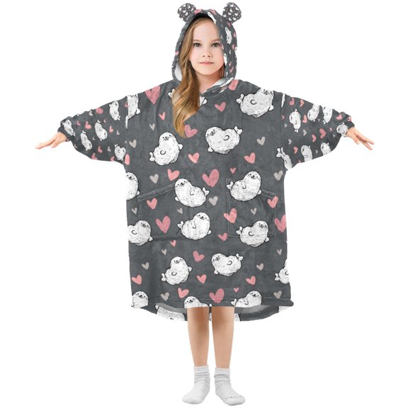 Cute Seals and Love Pattern Wearable Blanket Hoodie Oversized Flannel Soft Warm Cozy 3-14 Age Small