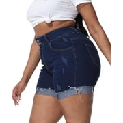 Gocolloa Womens Plus Size Jean Shorts High Waisted Stretchy Ripped Frayed Folded Hem Denim Shorts Dark Blue 26W
