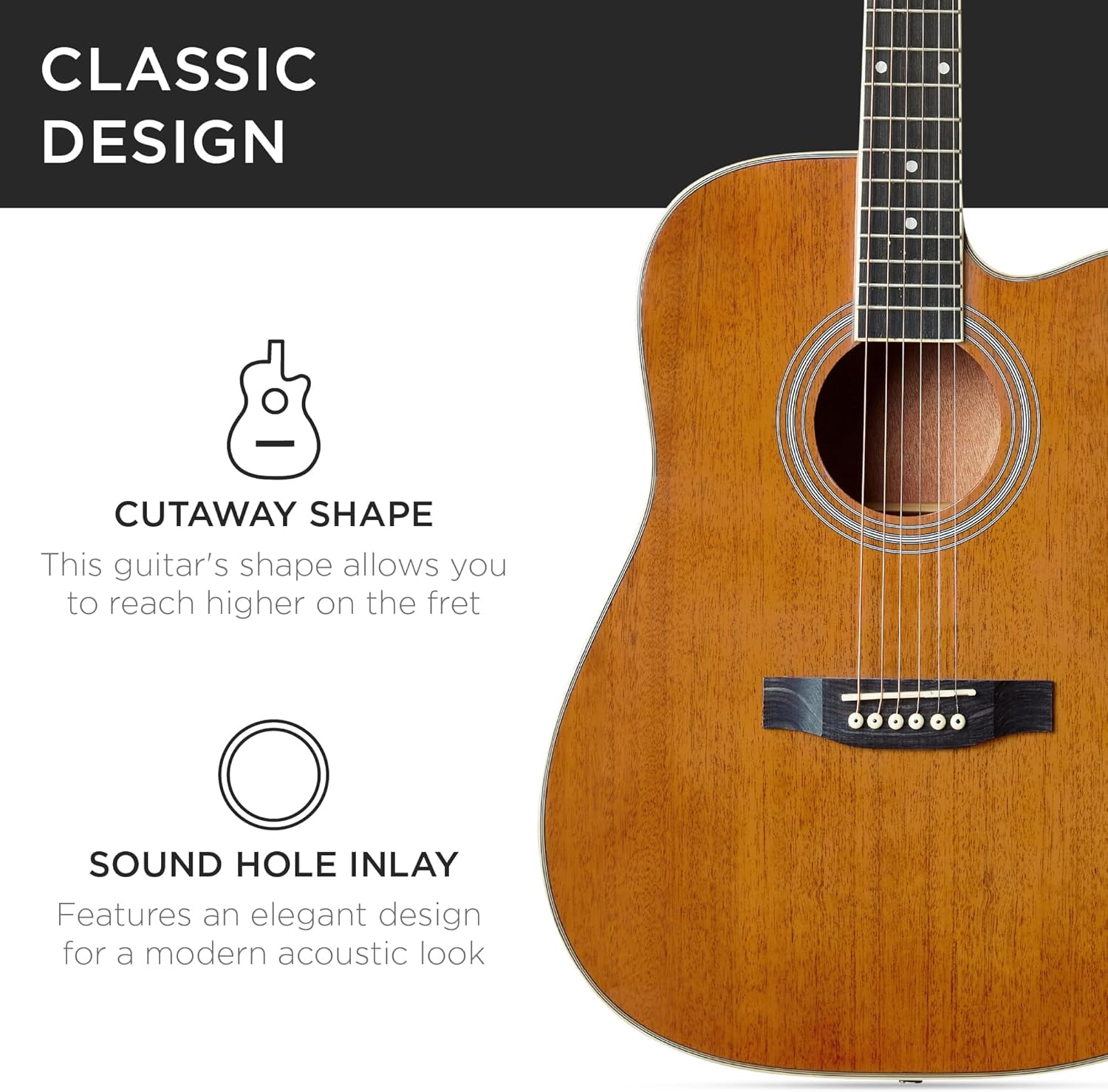 HarmonyStrings 41in Beginner Acoustic Guitar Full Size All Wood Cutaway Guitar Starter Set w/Case, Strap, Capo, Strings Natural Mahogany
