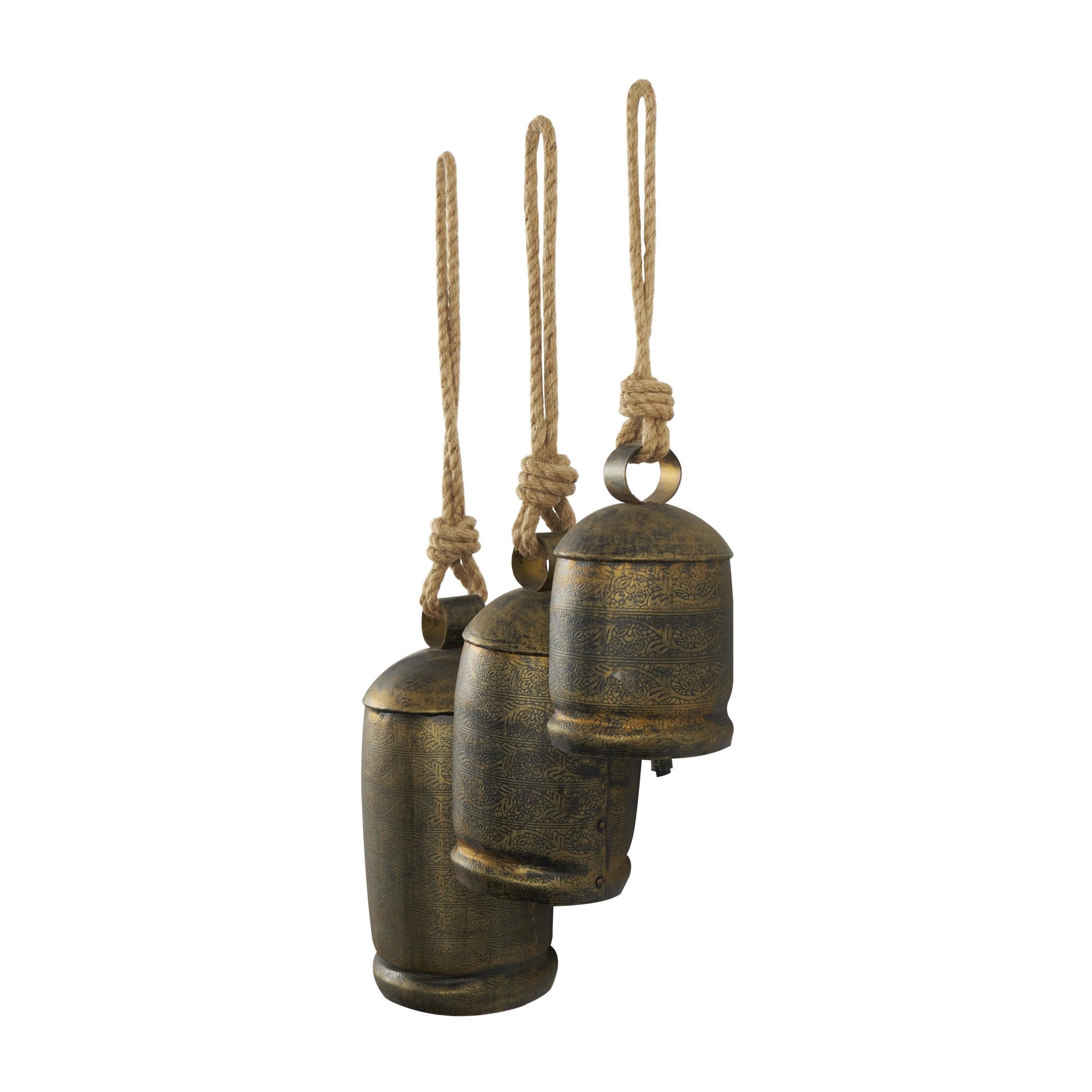 DecMode Bronze Metal Tibetan Inspired Decorative Hanging Bell Chime Set of 3 5", 4", 3"H, Features a Round Shape with Solid Pattern and Metal Clappers