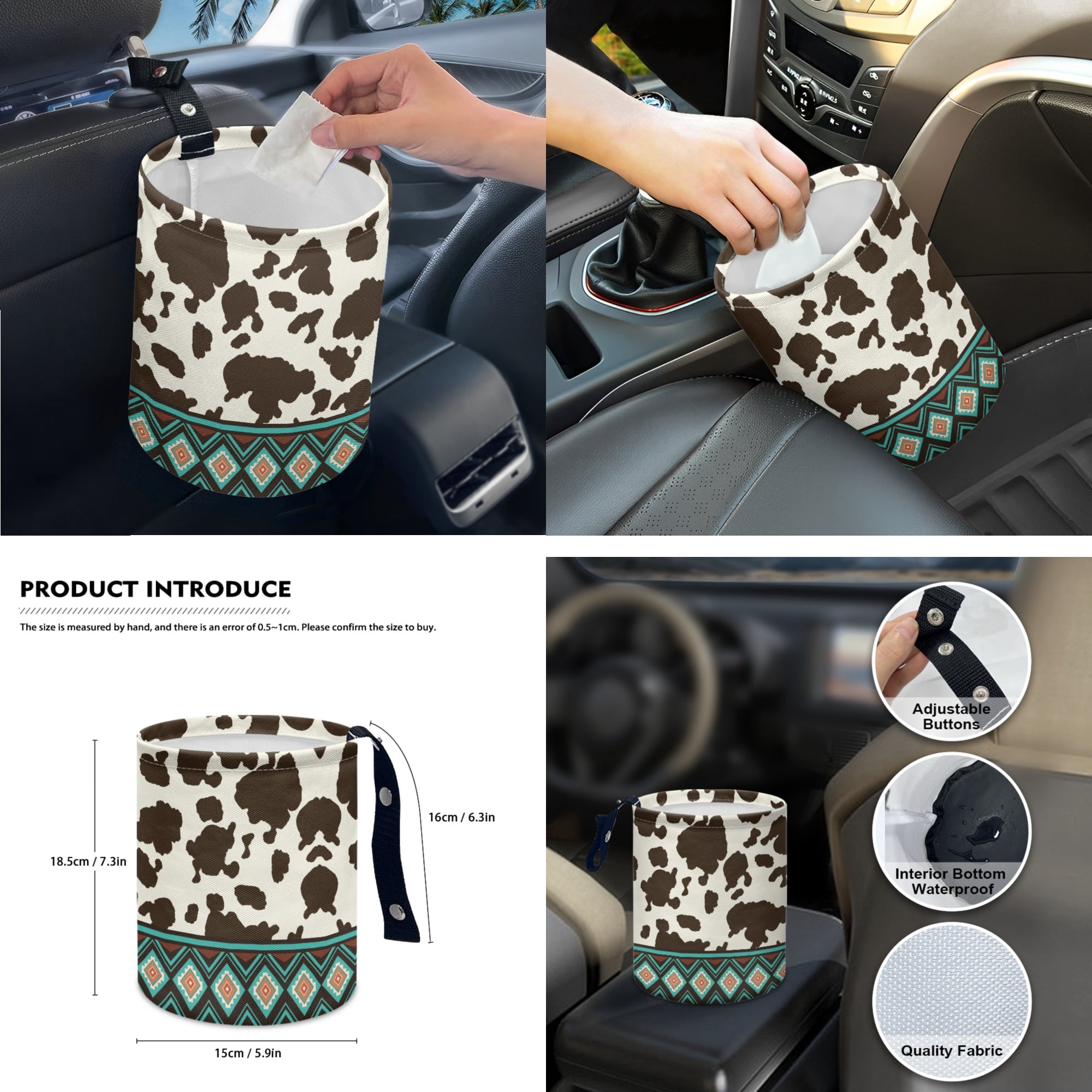 Yuyamidu 14 PCS Aztec Car Seat Cover Set with Steering Wheel Cover Seat Belt Covers Waste Bin Center Console Pad Brown Cow Print Rear View Mirror Cover Handbrake Cover Set Coasters for Truck Sedan