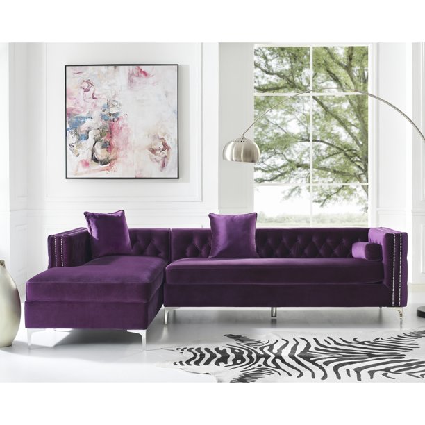 Craig Purple Velvet Chaise Sectional Sofa 115 Left Facing Button Tufted Nailhead Trim Walmart Com Walmart Com