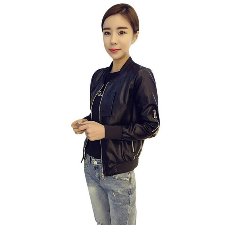 Women Slim Fit Zipper Jacket- Round Collar Neck PU Leather Baseball Style Jacket Coat Short Coat, Black,M Women Slim Fit Zipper Jacket- Round Collar Neck PU Leather Baseball Style Jacket Coat Short Coat, Black,M