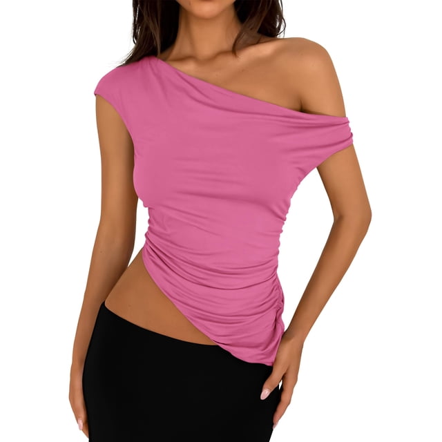 Remera PRETTYGARDEN Verano 2025 Hombros Descubiertos Fruncida Rosa M