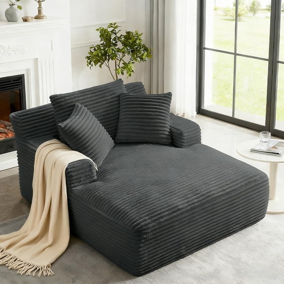 Tmsan 50" W Oversized Chaise Lounge Chair Indoor, Corduroy Comfy Upholstered Boneless Sofa Bed, Deep Seat Sleeper Couch Reading Chairs, Cloud Sofas Couches for Living Room, No Assembly,Drak Gray