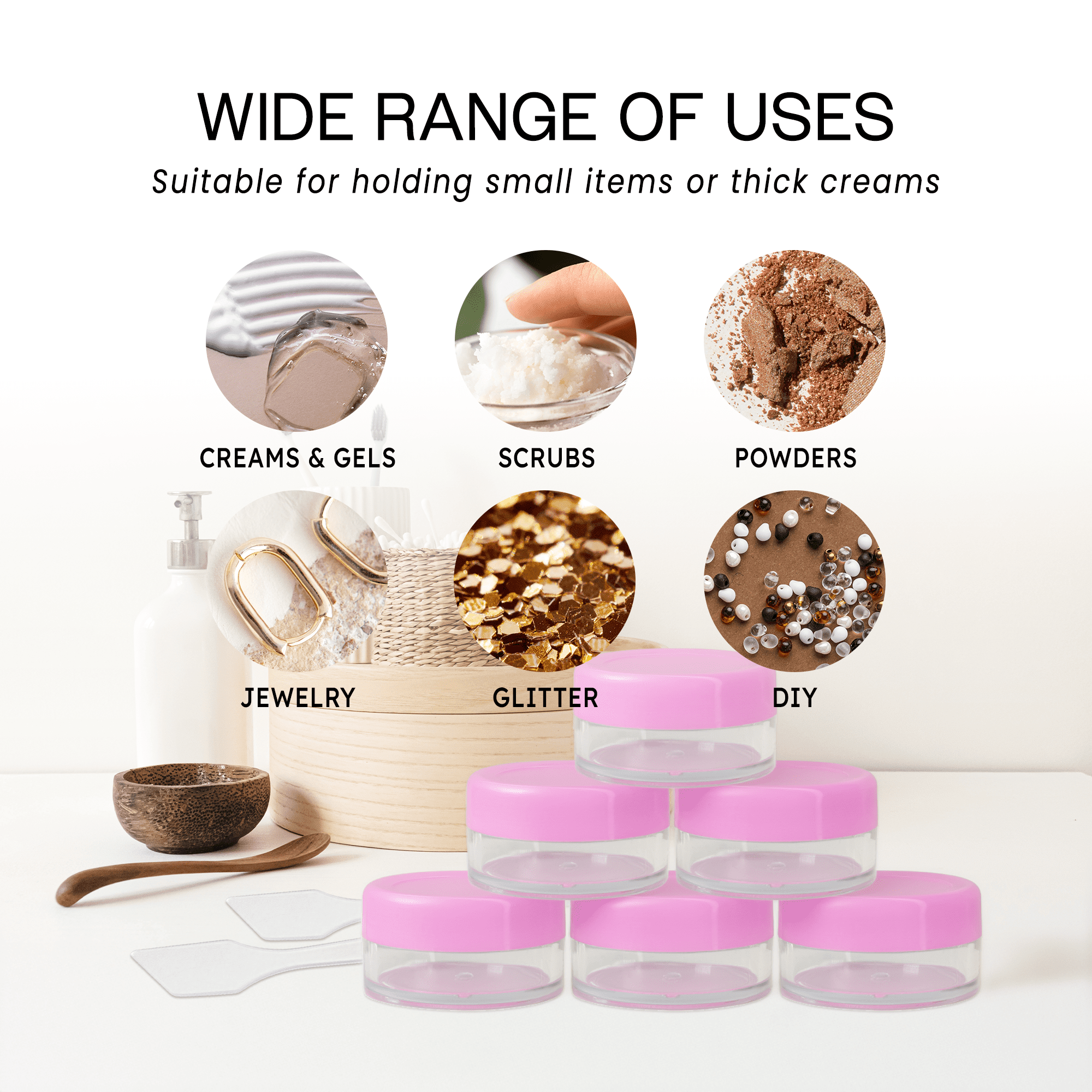 10G/10ML Plastic Clear Cosmetic Sample Jars with Pink Lid and Spatulas