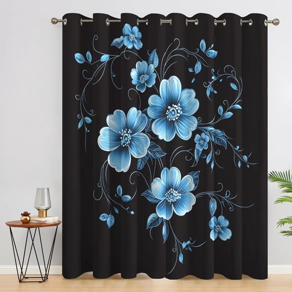 Blue And Black Curtains For Bedroom, Floral Curtain For Living Room, Botanical Flowehermalr Window Curtains, Grommet Drapes38"W x 54"L (Pack of 2)
