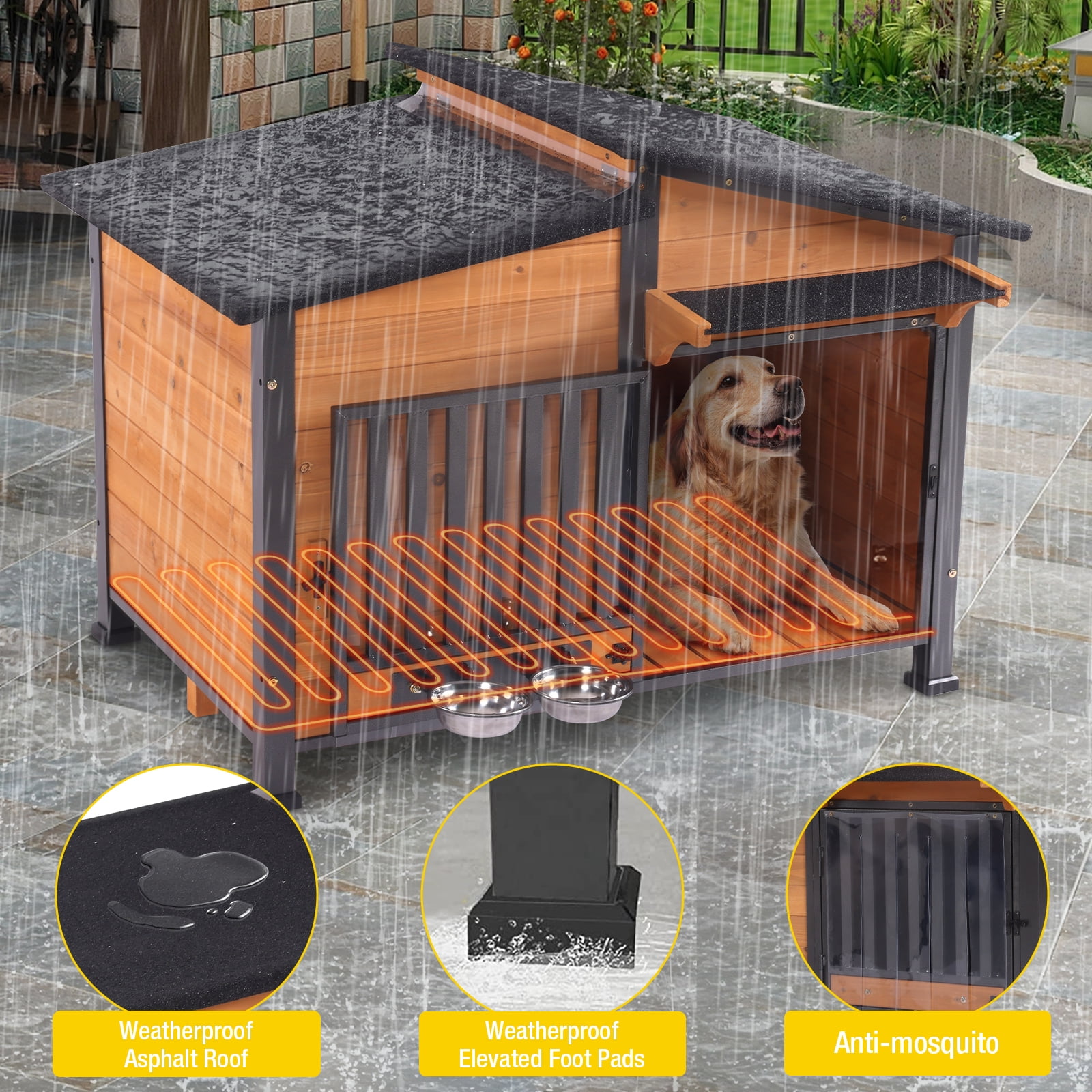 Aivituvin Heated Dog House with Heating Pad & Anti-Chewing Metal Frame, Insulated Wooden Dog Kennel with Unique Design Roof, Weatherproof Dog House for Indoor & Outdoor Use