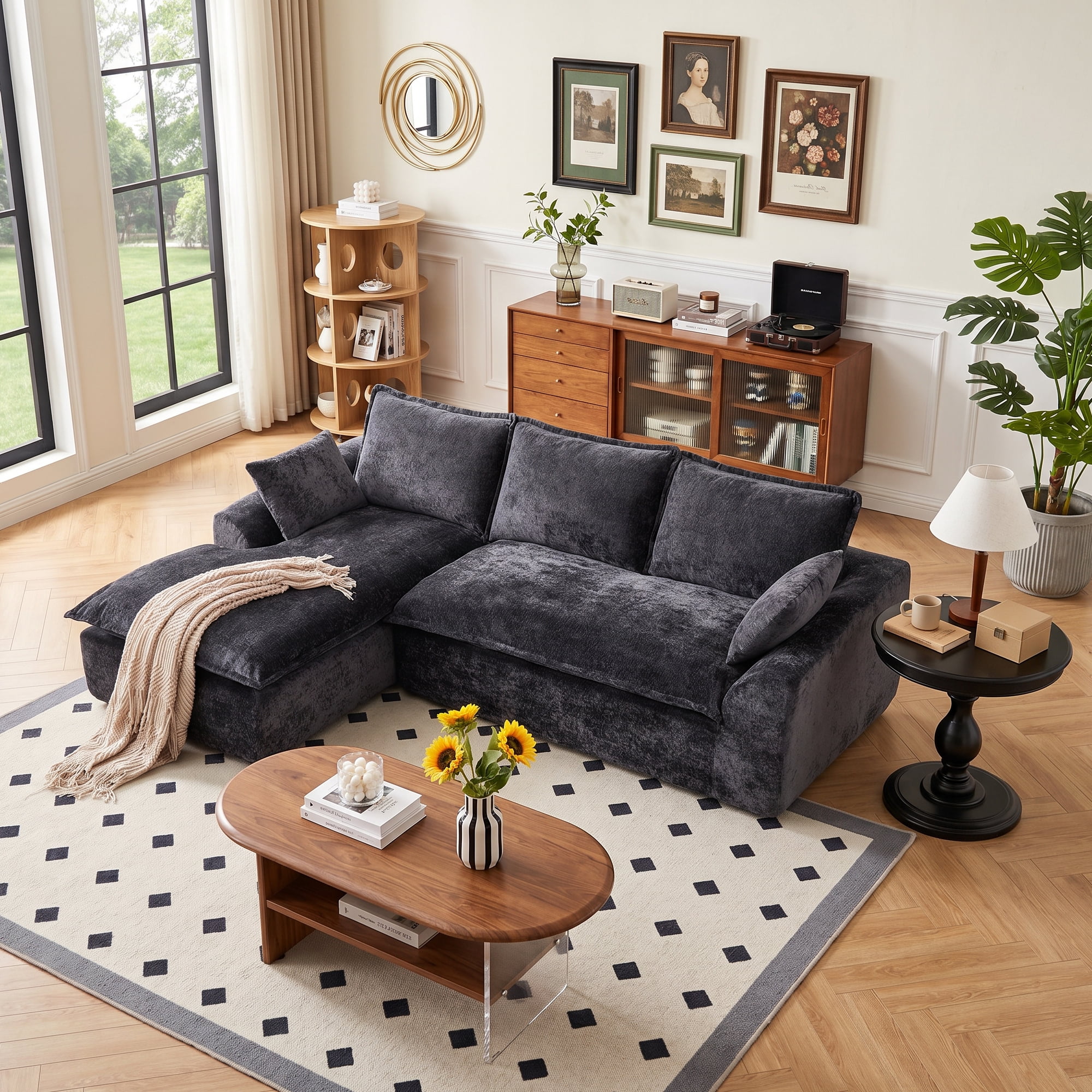 LEHZROAJ 103" Chenille Compressed Sofa,L Shaped Sectional Couch Pillows No Assembly Required for Living Room(Black,Left)