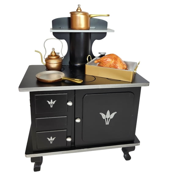 The Queen's Treasures Little House on the Prairie 18 Inch Doll Fully Assembled Kitchen Furniture, Wooden Cook Stove, Oven, Log Set. 7 pc Copper Pots and Food. Intended for American Girl Dolls