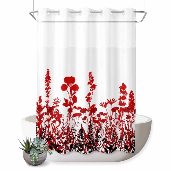 No Hook Shower Curtain with Built-in Rings - Rustic Field Washable Waterproof Fabric Bathroom Curtains for Hotel,Rentals, 72 X 84 Inch Extra Long , Silhouette Flower Herb Red
