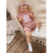 BemeyourBBs Newborn Baby Girl Summer Clothes Hospital Going Home Outfit Baby Girl New To The Crew Romper Letter Embroidered Short Sleeve Waffle Knit Ruffle Jumpsuit Shorts Headband