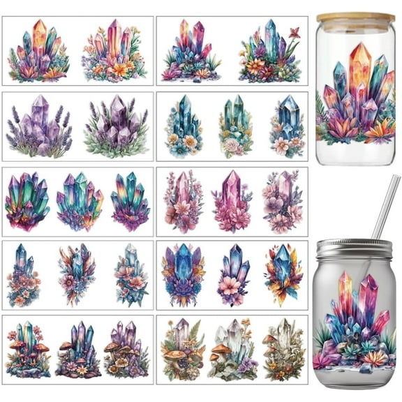 10 Pcs UV DTF Cup Wrap Transfer Sticker 10 Styles Fowers Lavender Mushroom Rub on Stickers PVC Cup Wrap Waterproof Rub Decals for 16 OZ Glass Cups 24x11cm/9.4x4.3inch Colorful