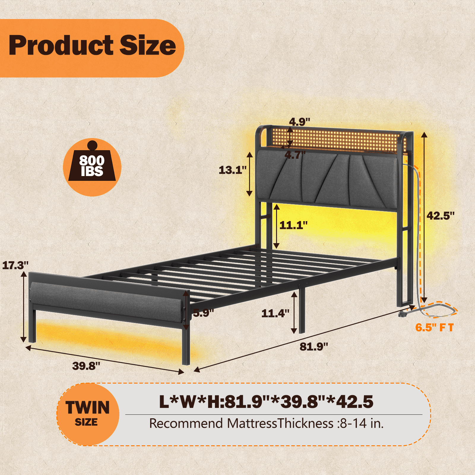 Satifur Twin Bed Frame with Upholstered Storage Headboard, Metal Platform Bed Station with Charging Station & LED, Noise-Free.No Box Spring Needed