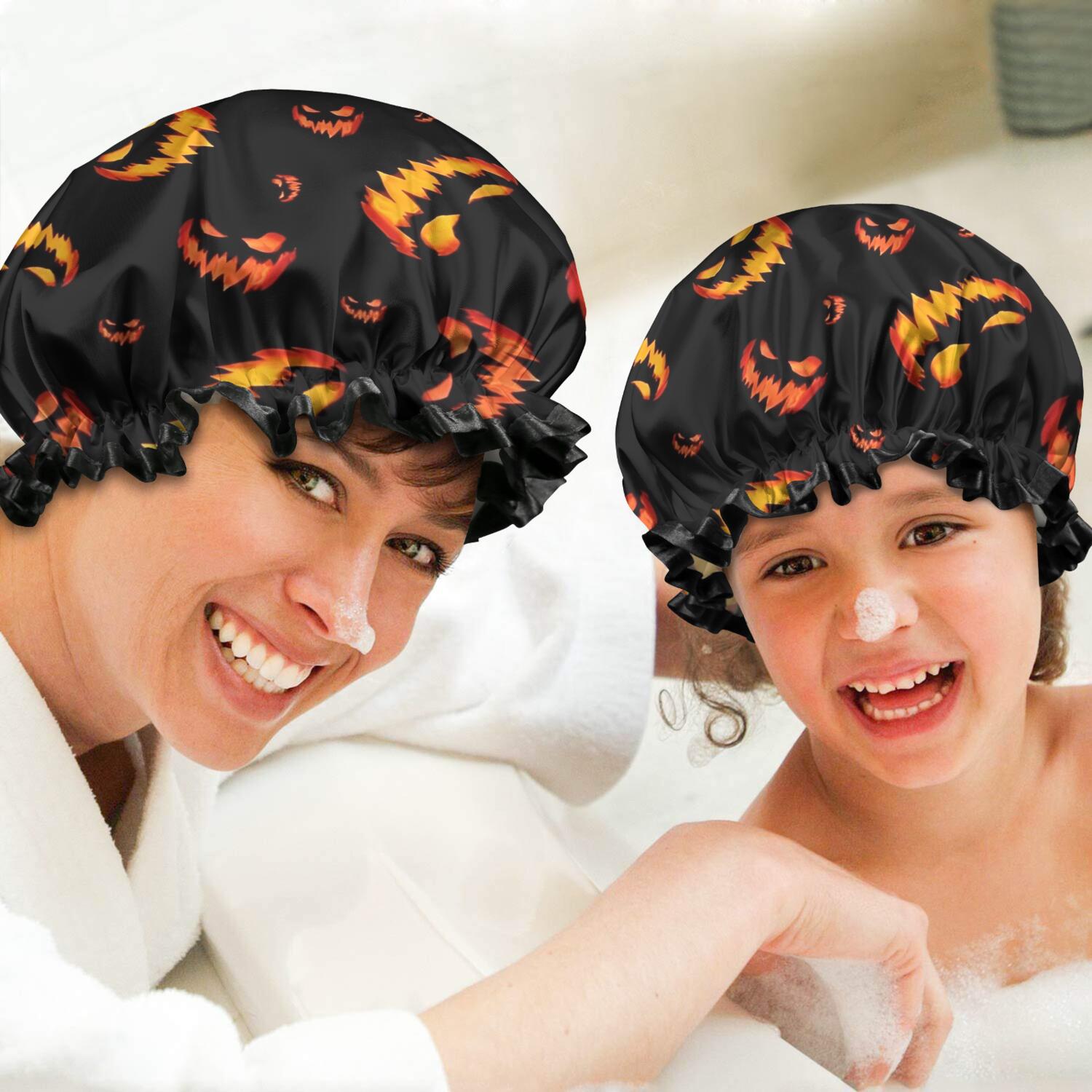 Shower Caps,Black Halloween Pumpkin Faces Waterproof Shower Cap for Women 4 Pieces,Double Reusable Hair Cover for Shower PEVA Elastic Stretch Hem