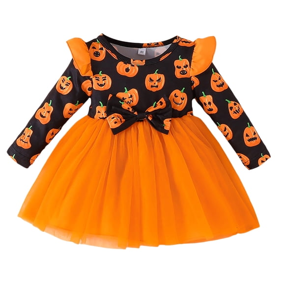 FYDUU Baby Girls Halloween Dress Toddler Girl Tulle Dress Long Sleeve Halloween Cartoon Print Tutu Dresses Holiday Party Outfits Fall Clothes 9-12 Months