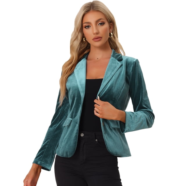 Chaqueta de terciopelo de oficina frontal con botón de solapa con muesca vintage para mujer Gris Azul Oscuro L