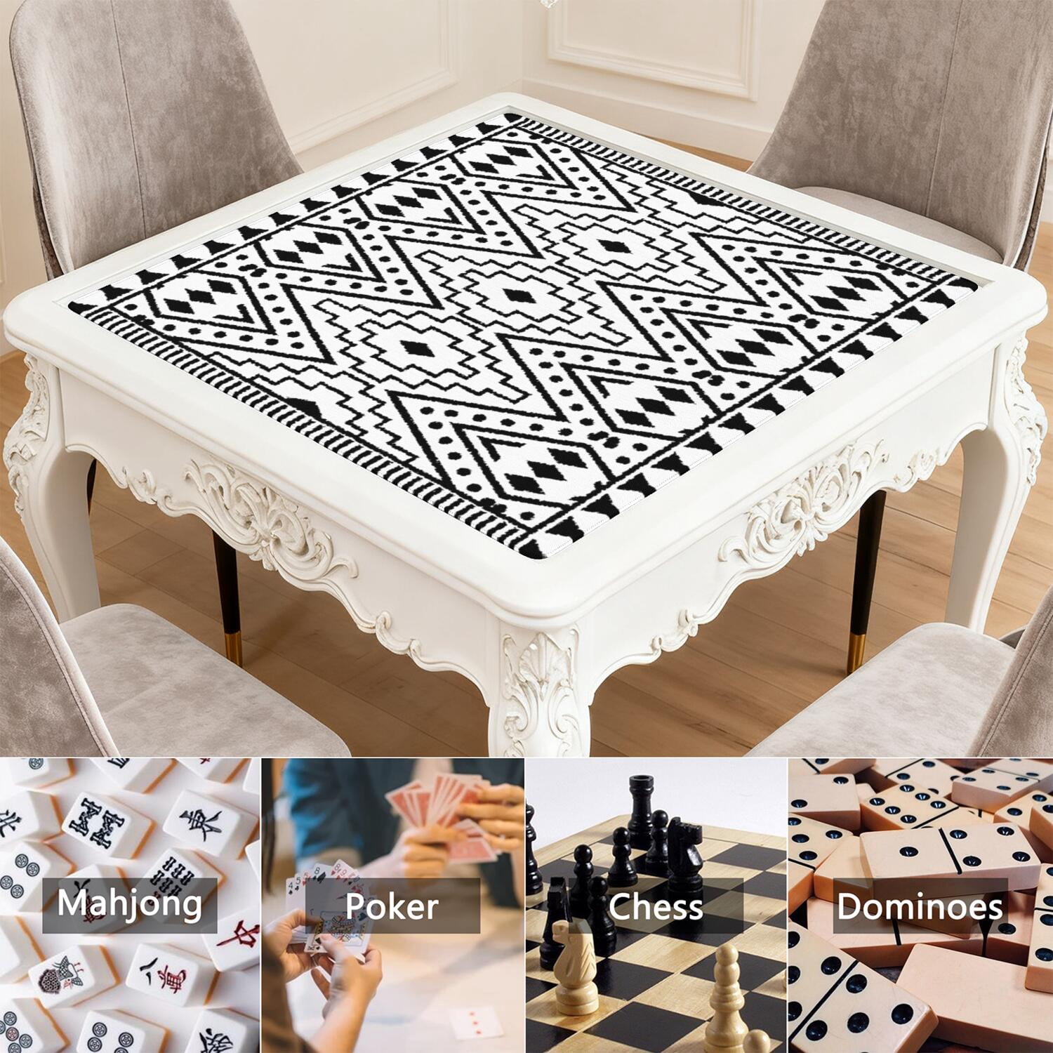 Boho Pattern Large Rubber Game Table Topper 31.5 Inch Square Mahjong Mat with Non-Skid Bottom for Stability and Noise Reduction for Tiles and Cards