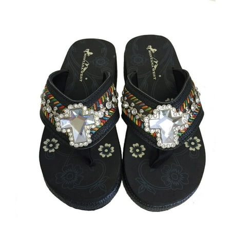 Embroidered Wedge - Montana West Women Flip Flops Wedged Embroidered Sandals Crystal Cross Black