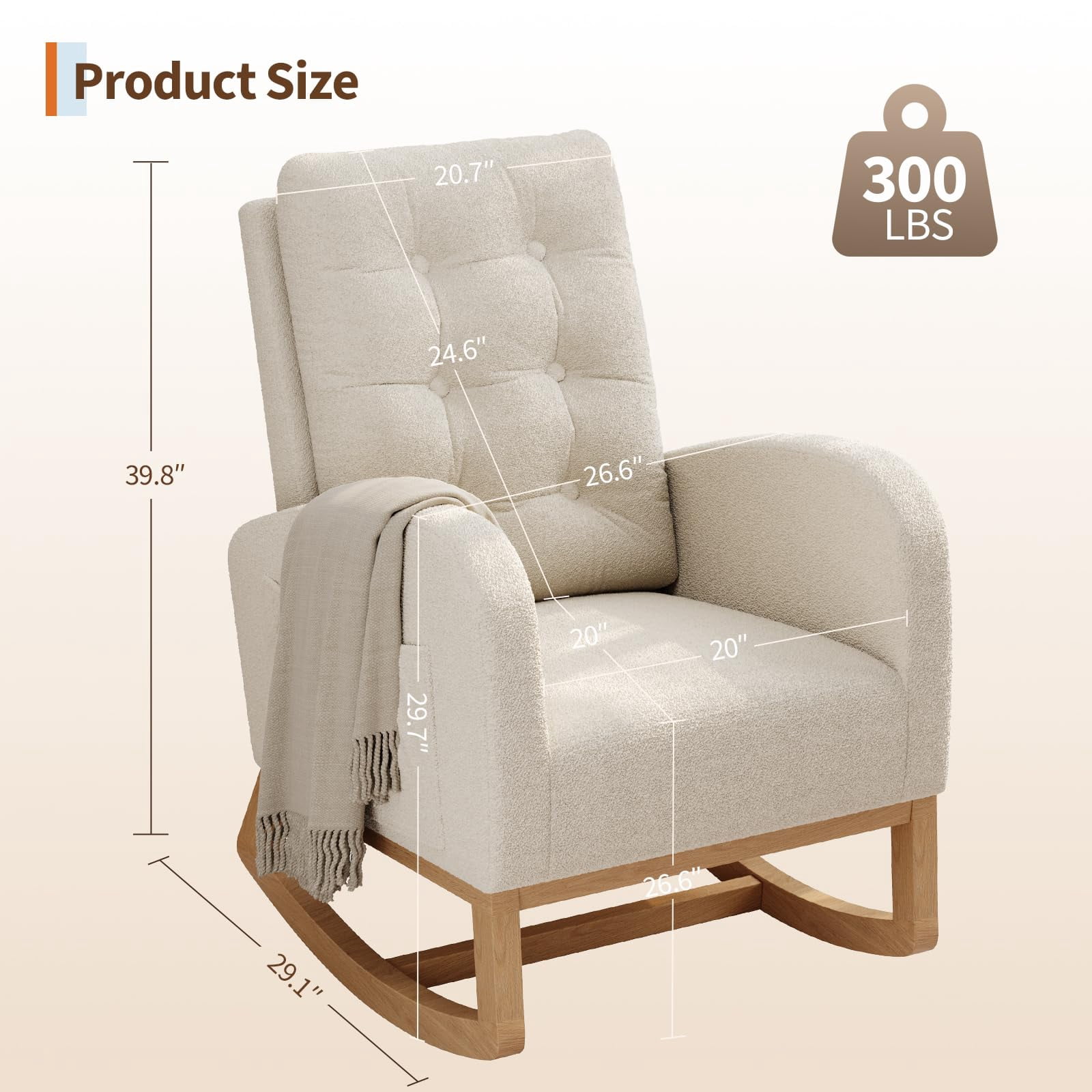 PYY High Back Modern Rocking Chair for Nursery, Home Office or Living Room – Comfortable Boucle Upholstery, Sturdy Wooden Legs, Easy Assembly – Accent Armchair, White Lambswool Without Footrest
