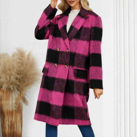 GaThRRgYP Hooded Trench Coats for Women,Women's Fashion Fall Winter Casual Trundown Collar Outwear Coat Long Sleeve Pockets Plaid Hot Pink S