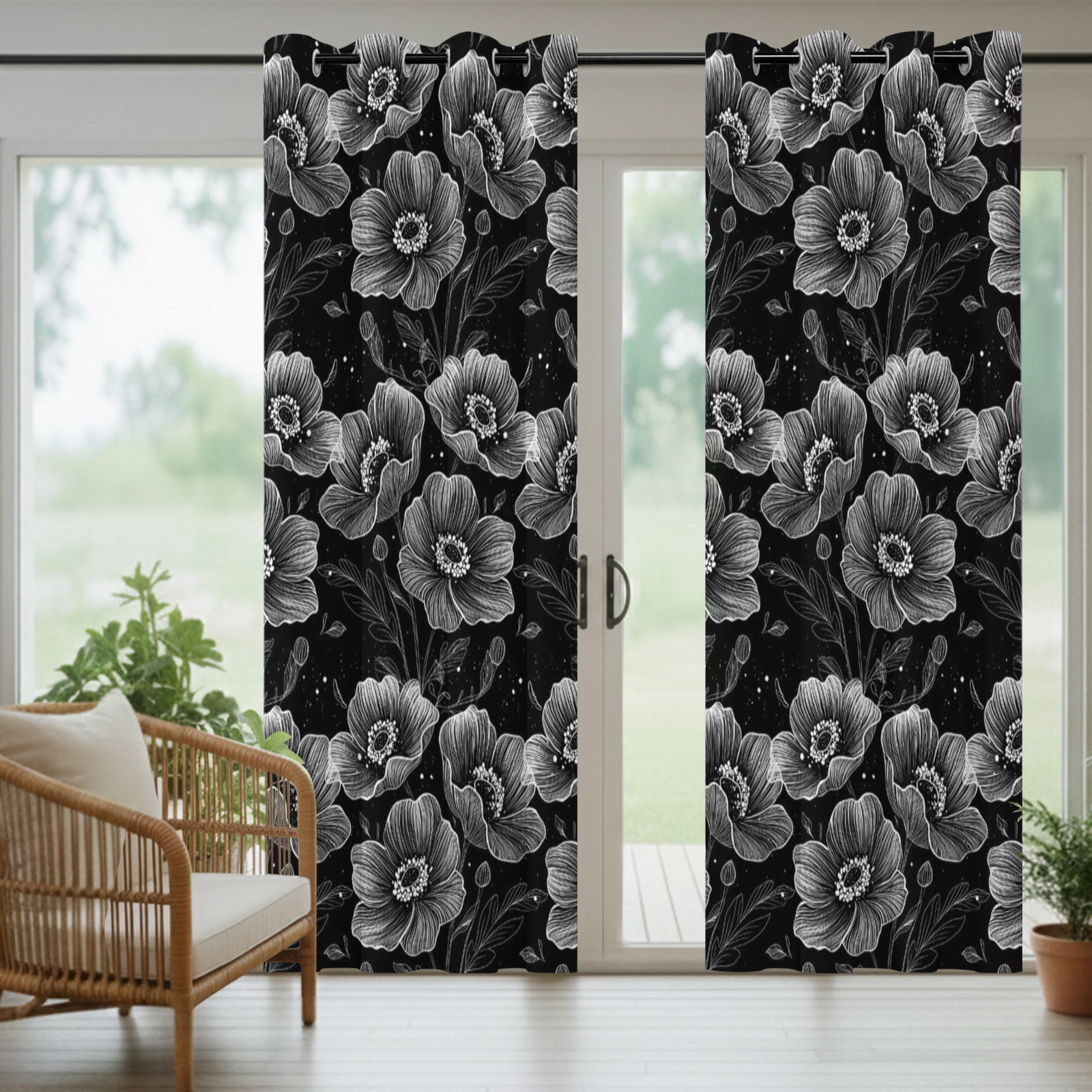 Peony Outdoor Curtains for Patio, Black Floral Botanical Silhouette Sunshade Privacy Drapes Grommet Waterproof Outside Curtains for Porch/Cabana/Balcony 54"x 108", 1 Panel