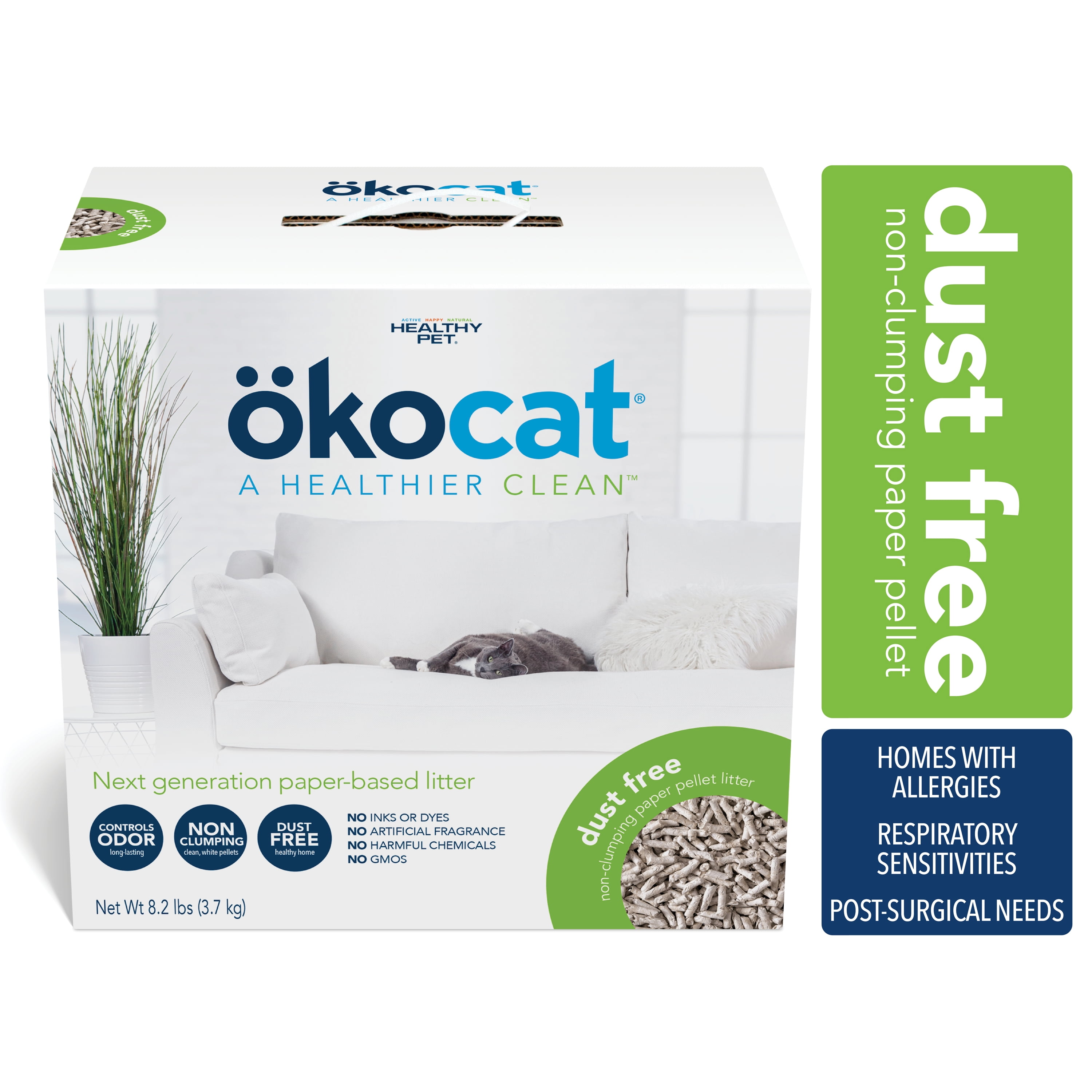 Okocat Premium Dust Free Cat Litter, Nonclumping Paper Pellet, 8.2 lbs