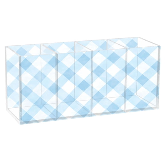 Light Blue and White Tartan Acrylic Pen Holder 4 Compartments Clear Pencil Organizer Cup Makeup Brush Holder for Office Desktop Dorm Home