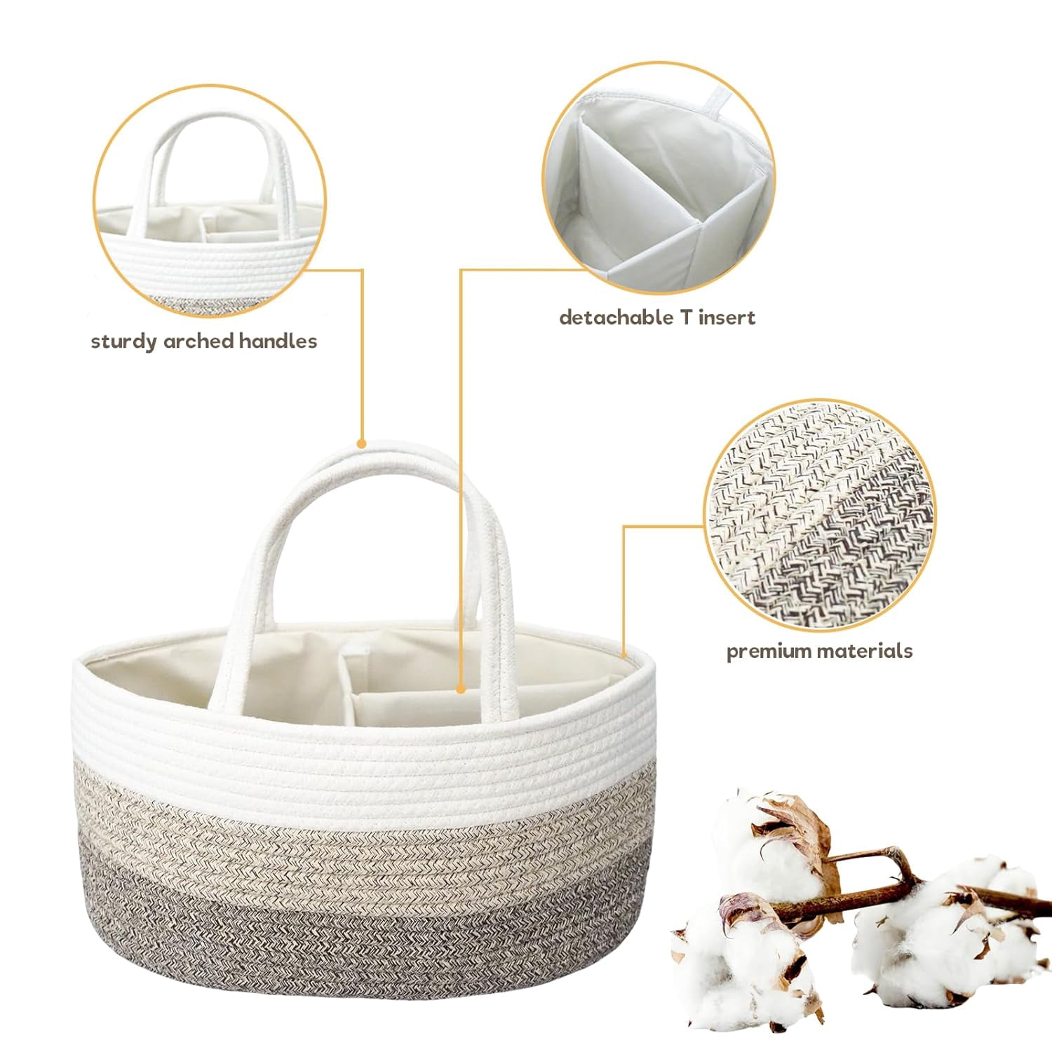 Diaper Caddy Organizer, Large Cotton Rope Nursery Baby Basket, Changing Table Organizer for Baby Diaper Storage, Portable Car Organizer Removable Divider (Gradient Brown, Extra Large)
