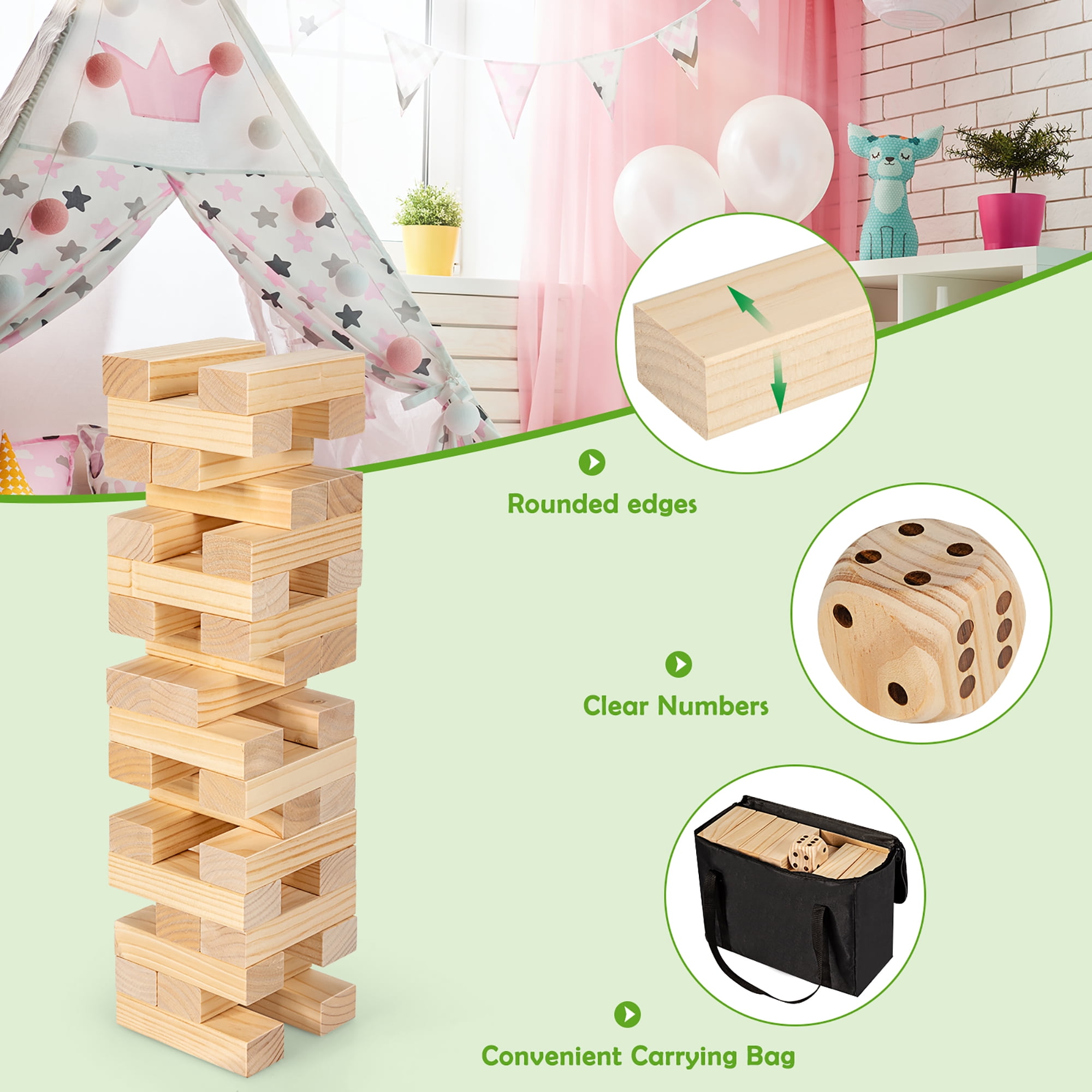 Pompotops Giant Tumbling Timber Toy - JR. Wooden Blocks Floor Game for Kids  and Adults, 48 Pieces, Premium Wood, Carry Bag feet While Playing, Life  Size Yard Tower Game 