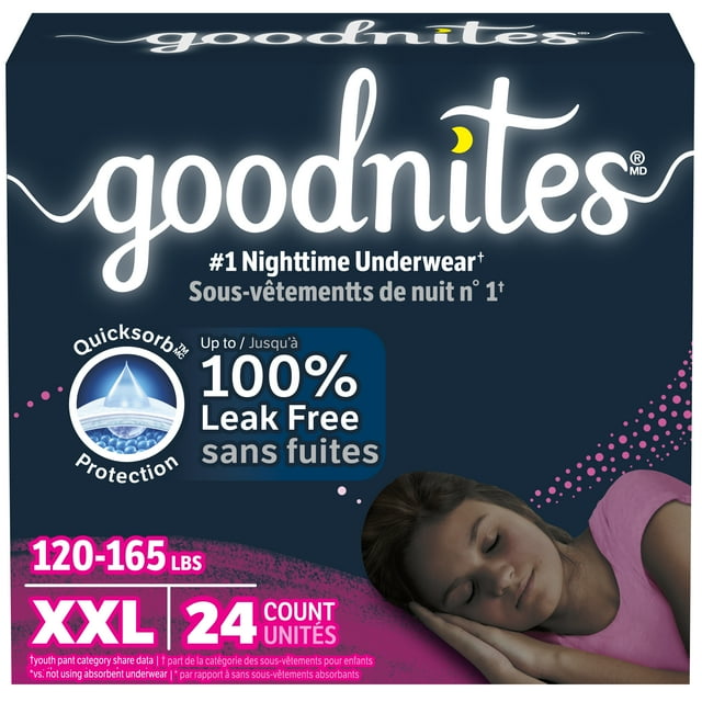Goodnites Girls' Nighttime Bedwetting Underwear, Size XXL (120-165 lbs), 24 Ct