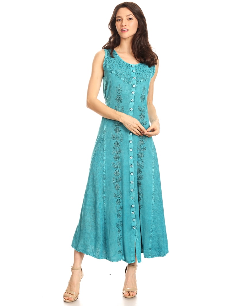 Sakkas Maya Floral Embroidered Sleeveless Button Up Rayon Dress - Turquoise  - L/XL - Walmart.com