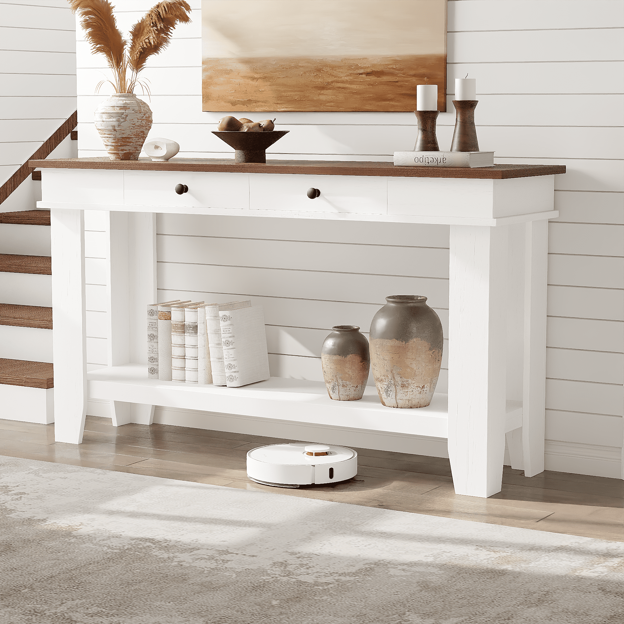 Farmhouse Entryway Console Table with Storage – 54" Wooden Sofa Table, 2 Drawers & 2 Open Shelves – Rustic Brown, Gray or Brown & White Finish – Durable, Stylish Storage for Living Room, Hallway