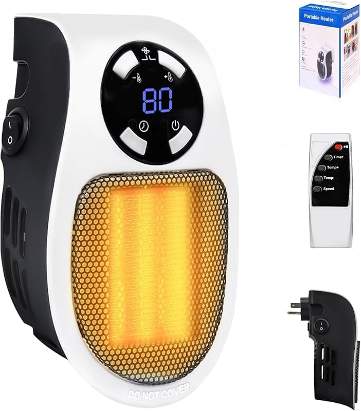 Space Heater,Small Plug in Electric Heater, Remote Wall Outlet Electric Space Heater with Adjustable Thermostat and Timer and Led Display, Compact for Office Dorm Room (Multi Colored)