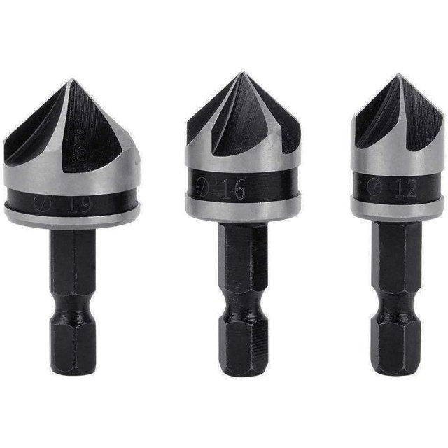 Juego de 3 brocas avellanadoras con biselado de 90 grados, vástago hexagonal de 1/4 de pulgada, 5 ranuras, 12 mm, 16 mm y 19 mm