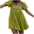 thumbnail image 6 of Sakmal Mini Summer Dresses for Women 2024 Green Square Neckline Pleated Solid Short Sleeve Elegant A-Line Dress, 6 of 9