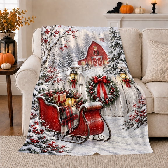 Christmas Winter Farmhouse Sleigh Red Barn Scene Festive, Festive Holiday Scene, Warm Flannel Blanket for Ranch House and Living Room, Horse Lovers Christmas Gift, Rustic Home Decor